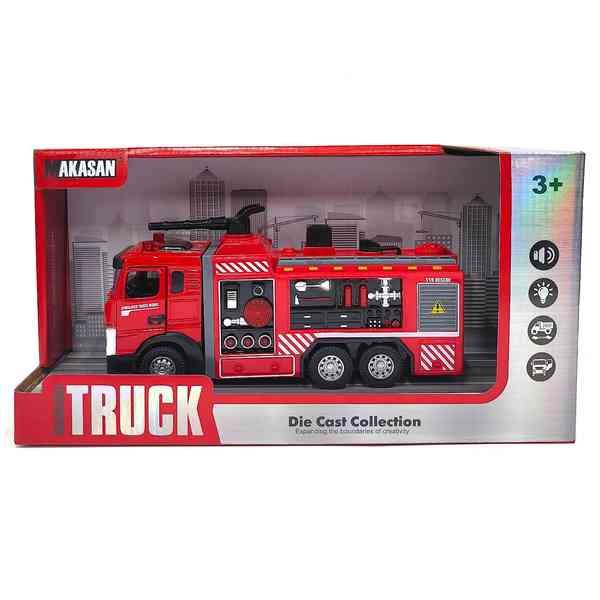 Camión de bomberos de metal y plástico, con luz, lanza agua, en caja