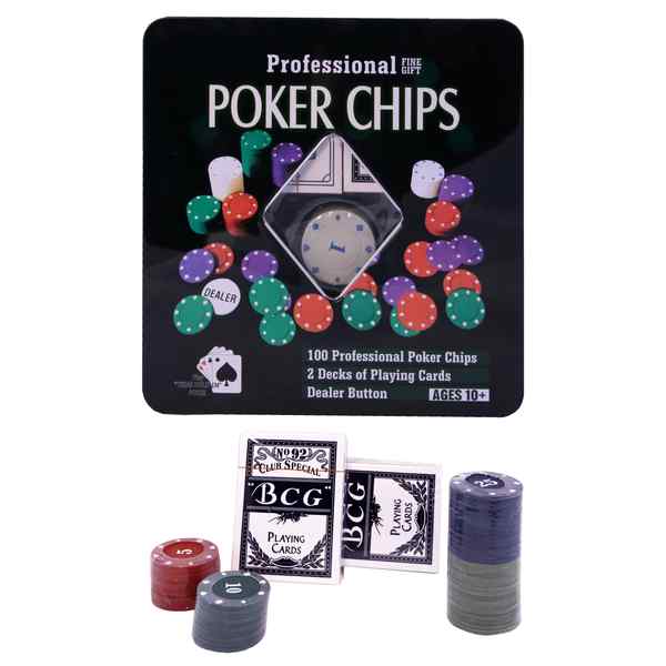 [JU1327] Naipes de póker con fichas, en caja de metal