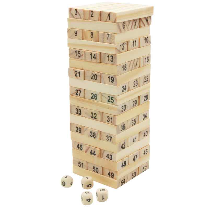 [JU2828] Juego de mesa, torre para armar, 54 bloques de madera y 4 dados, en caja