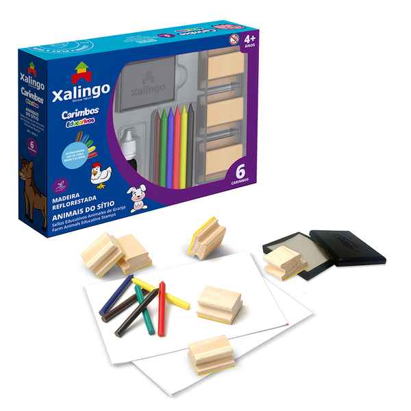 Sellos de animales de granja x6, con crayolas XALINGO, en caja