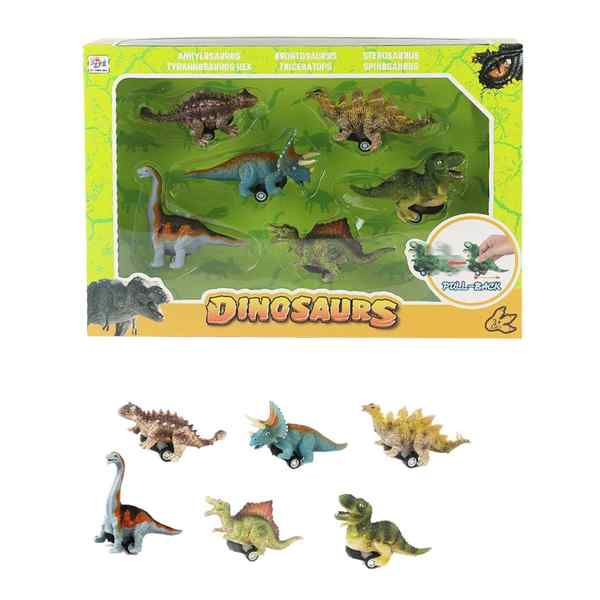 Dinosaurio de plástico, auto x6, en caja