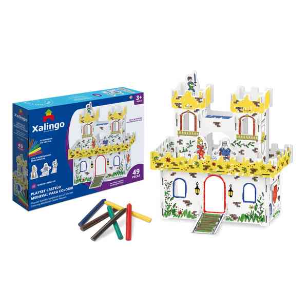 [JU6357] Puzzle 3D, cartón, castillo para pintar con crayolas, en caja XALINGO