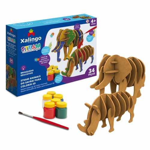 [JU6371] Puzzle 3D, madera, animales de safari para pintar con témperas, XALINGO, en caja