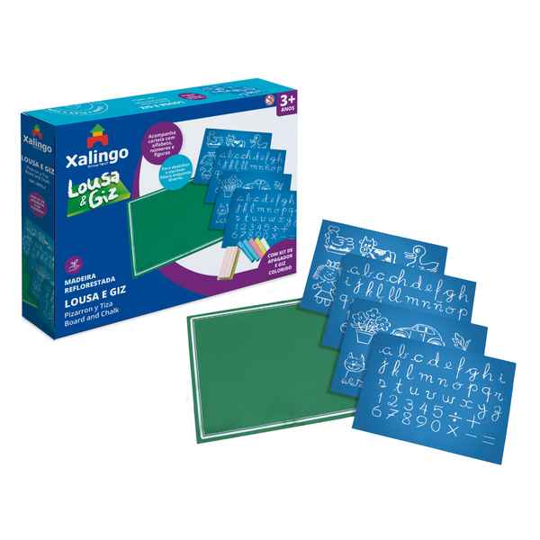 Juego de mesa, pizarrón de madera con tizas, borrador y láminas, XALINGO en caja