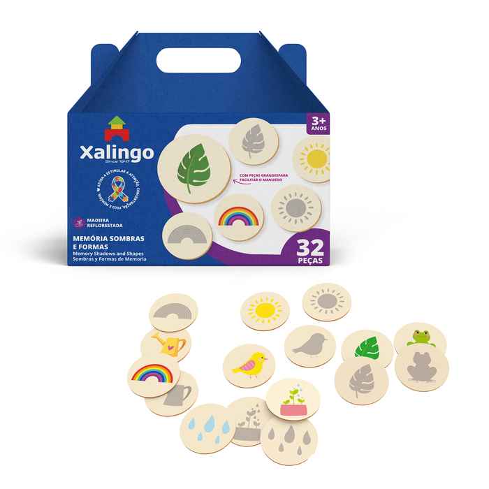 Juego de mesa, memoria, sombras y formas, 32 piezas de madera, XALINGO en caja