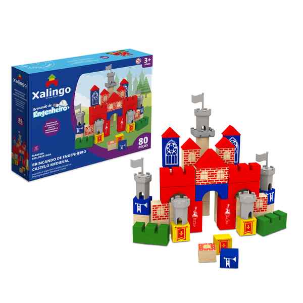 [JU6805] Bloques de madera, 80 piezas, castillo medieval, XALINGO en caja