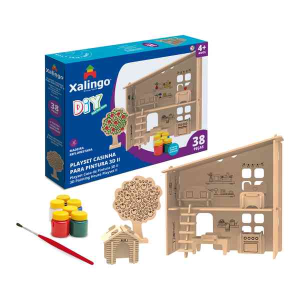 [JU6816] Puzzle 3D, madera, casita para pintar con témperas, XALINGO en caja