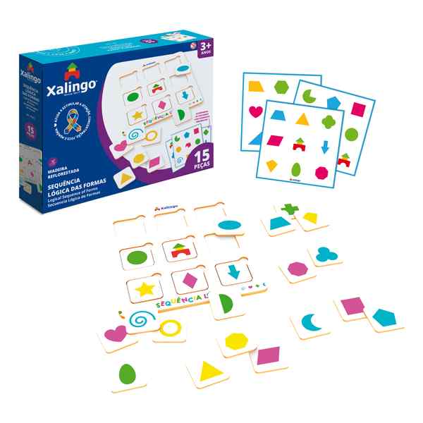 Juego de mesa, secuencia lógica de formas, 15 piezas de madera, XALINGO en caja
