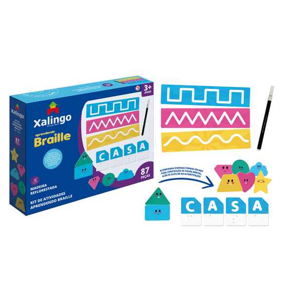 Juego de mesa, actividades para motricidad, sistema braille XALINGO en caja