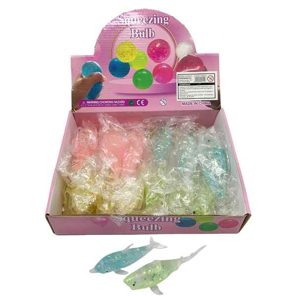 Juguete antiestrés con gel, peces con brillantina, CAJA x12, varios colores
