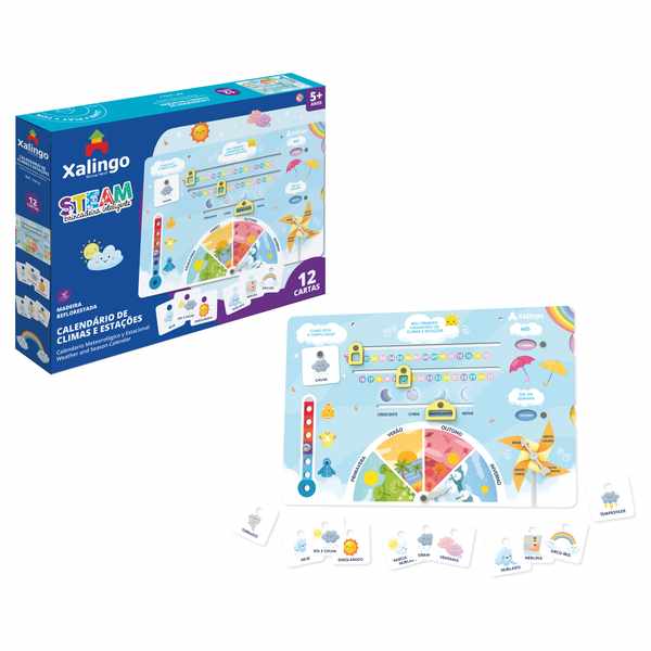 Juego de mesa, calendario clima y estaciones, piezas de madera, XALINGO, en caja