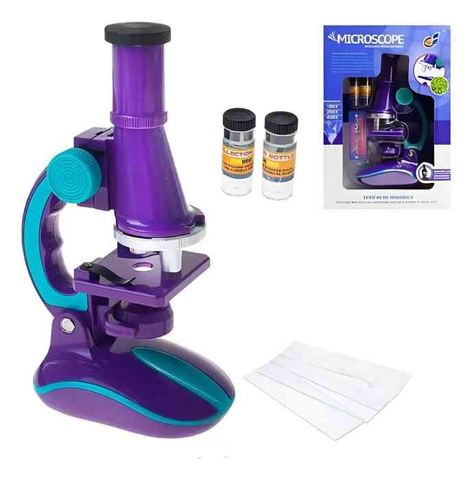 Microscopio de pie, 100x/200x/450x, 2AA, en caja
