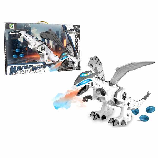 Dinosaurio dragón de plástico, lanza humo, con luz, sonido y movimiento, 3AA, en caja