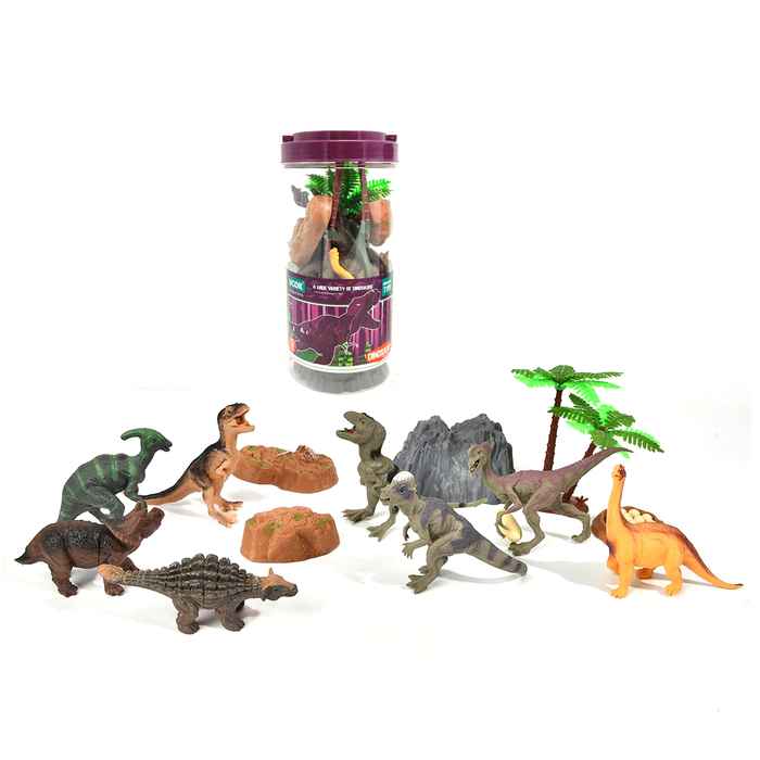 Dinosaurio de plástico, x8 con accesorios, en tubo