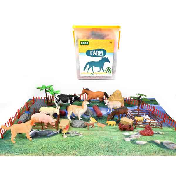 [JU8421] Animales de granja de plástico, 60 piezas, en balde