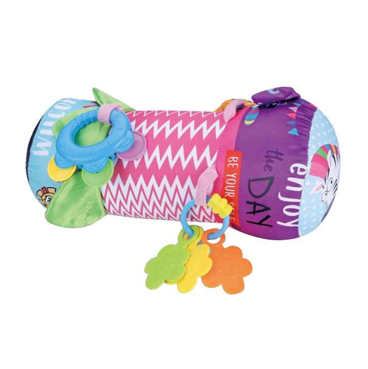 [JU8424] Almohada rolo infantil, de tela con sonajeros y accesorios, en cartón