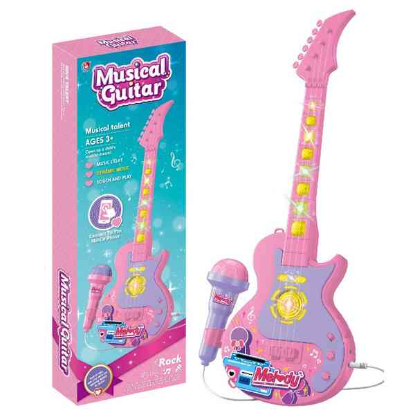 Guitarra de plástico con luz y sonido, con micrófono, conexión jack para celular, 3AA, en caja