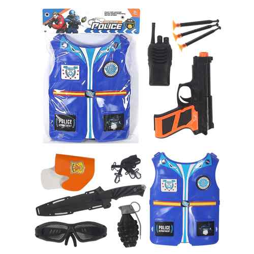 [JU8484] Disfraz de policía chaleco con accesorios, 11 piezas, de plástico, en bolsa