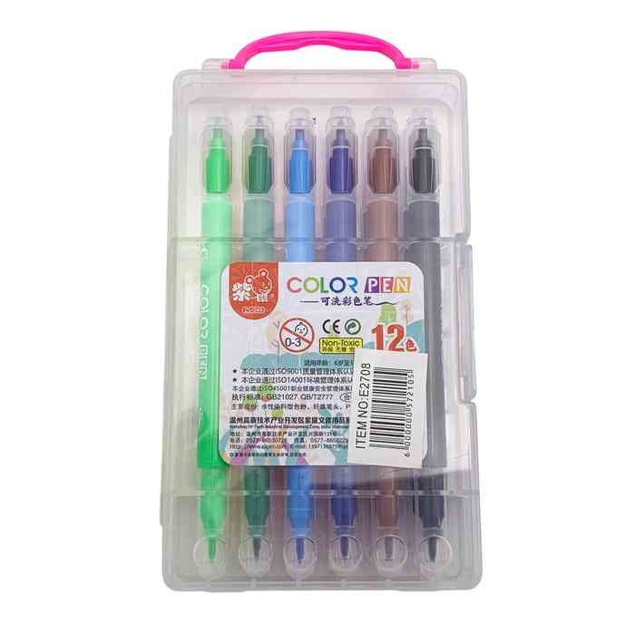 [E2708] Marcadores doble punta x12 colores, en estuche de plástico