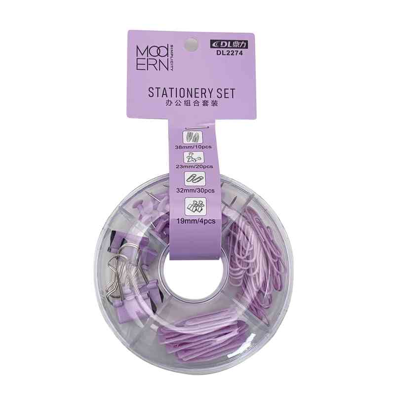 Clips de plástico x10, pinza de metal x4, clips x30 y chinches x20, DINGLI, en caja de plástico, colores pasteles