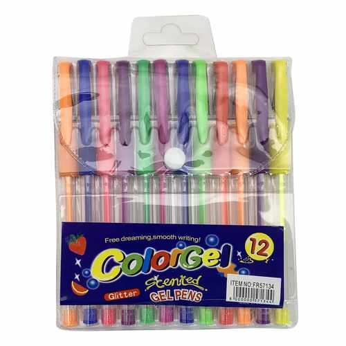 [E2758] Lapicera de gel x12 colores flúo, en estuche de PVC, PACK x12