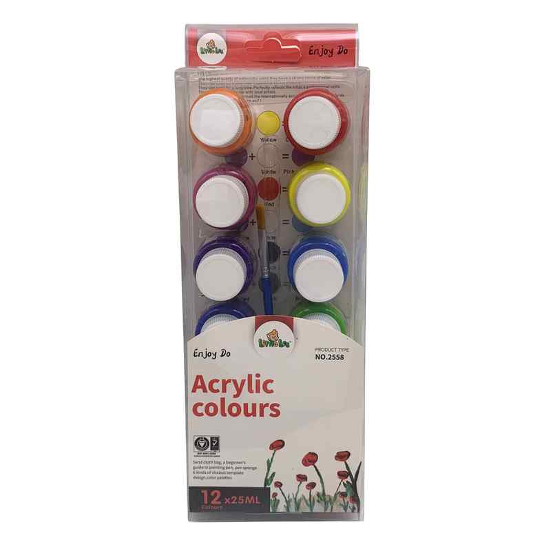 Pintura acrílica x12 frascos 25ml, con pincel en caja