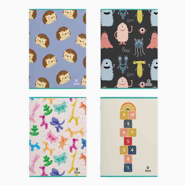 [E2884] Cuaderno de 48 hojas rayado, SOTE, PACK x12, 4 diseños