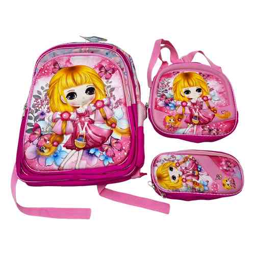 [E2958] Mochila infantil frente rígido, 5 bolsillos con cartuchera y lunchera en bolsa, varios colores