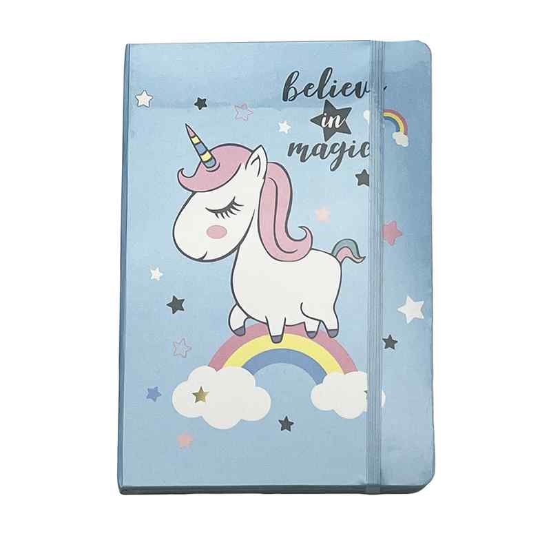 [E2989] Libreta 96 hojas rayadas tapa con elástico, en bolsa, varios diseños unicornios