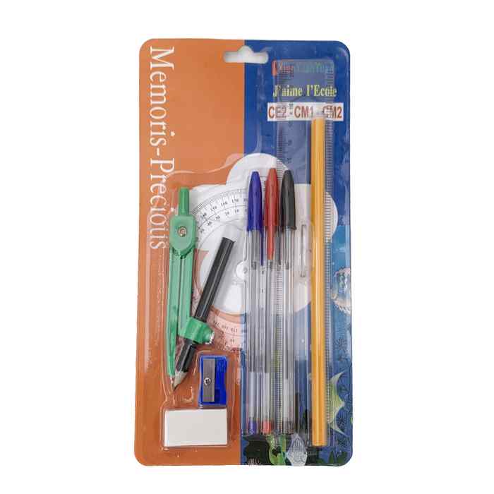 [E3016] Compás de plástico con accesorios, en blister, varios colores