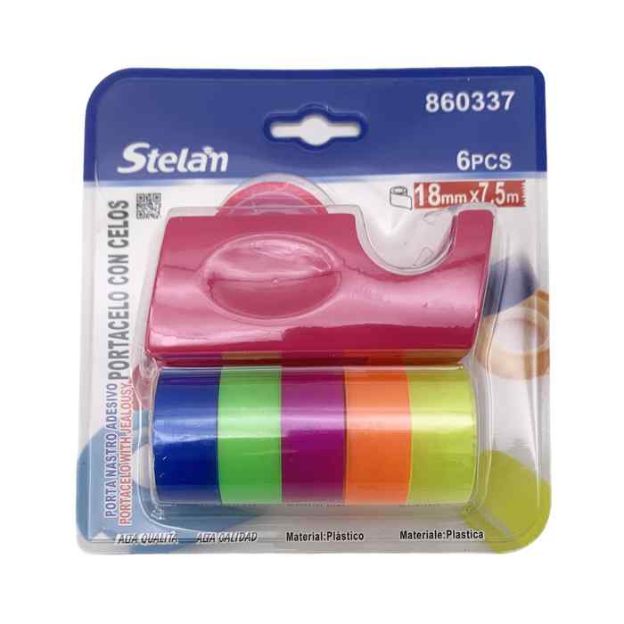[E3186] Cinta adhesiva x6 colores, con portacinta, en blister