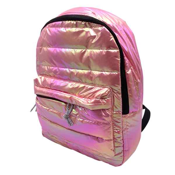 [E3242] Mochila juvenil puffer, tornasolada con bolsillo frontal, varios colores