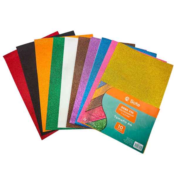 [E3271] Hojas A4, goma EVA con brillantina y pegamento x10 colores, SOTE