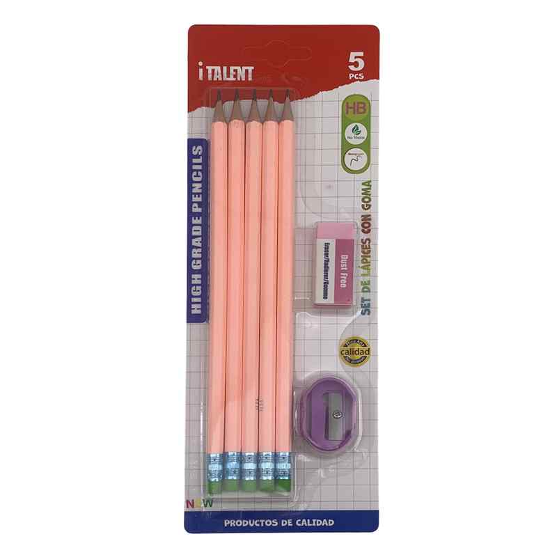 [E3332] Lápiz negro HB x5, con goma y sacapuntas, en blister, varios colores