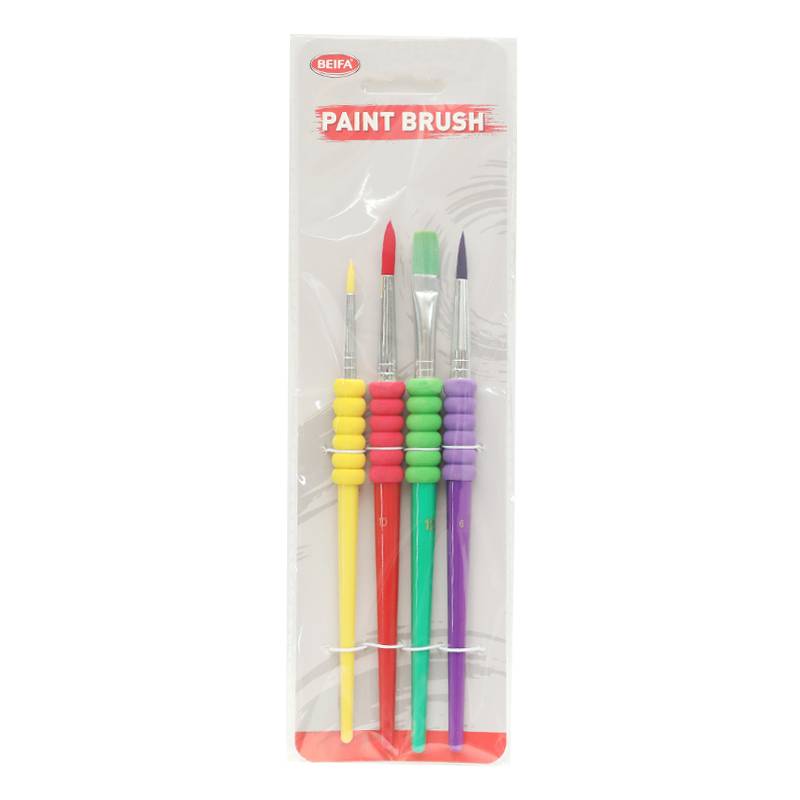 [E3422] Pincel de plástico y nylon x4, con agarre de goma EVA en bolsa, BEIFA