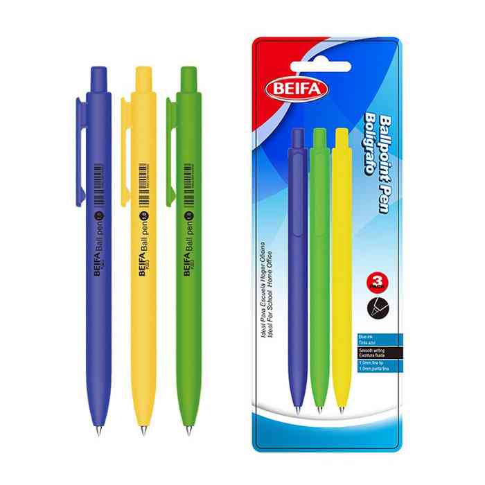 [E3435] Lapicera x3, AZUL, punta 1.0, retráctil en blister, BEIFA