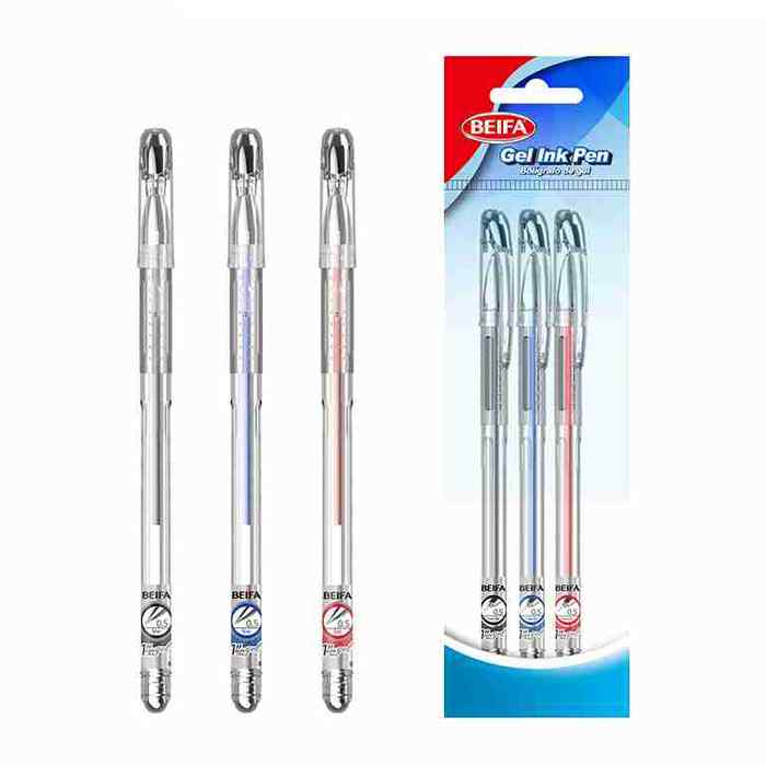 [E3456] Lapicera de gel x3, colores SURTIDOS, punta 0.5, en bolsa, BEIFA