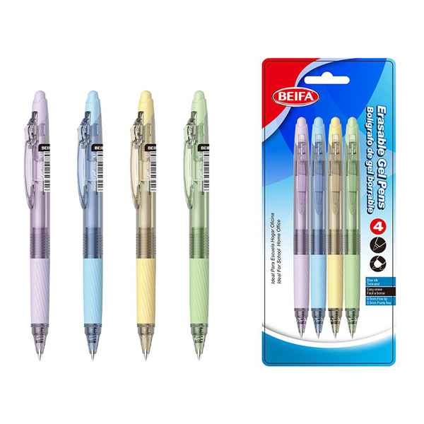 [E3466] Lapicera de gel borrable, x4 AZUL, punta 0.5,en blister BEIFA