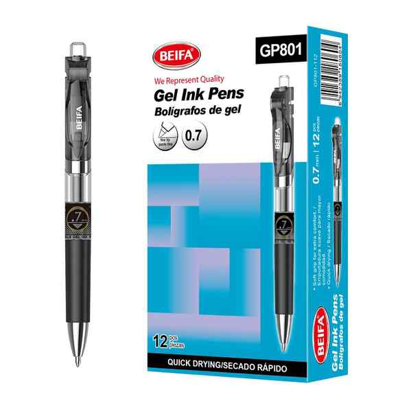 Lapicera de gel x12, NEGRO, punta 0.7, retráctil, en caja BEIFA