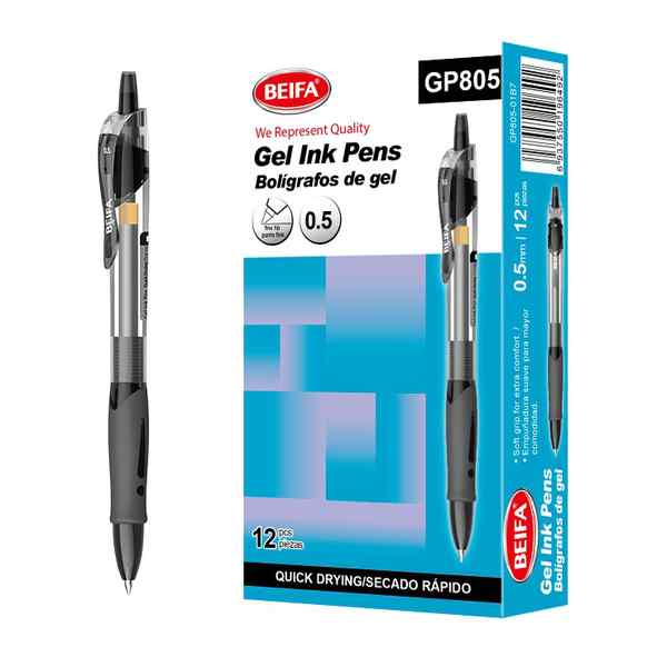 [E3470A] Lapicera de gel x12, NEGRO, punta 0.5, retráctil, en caja BEIFA