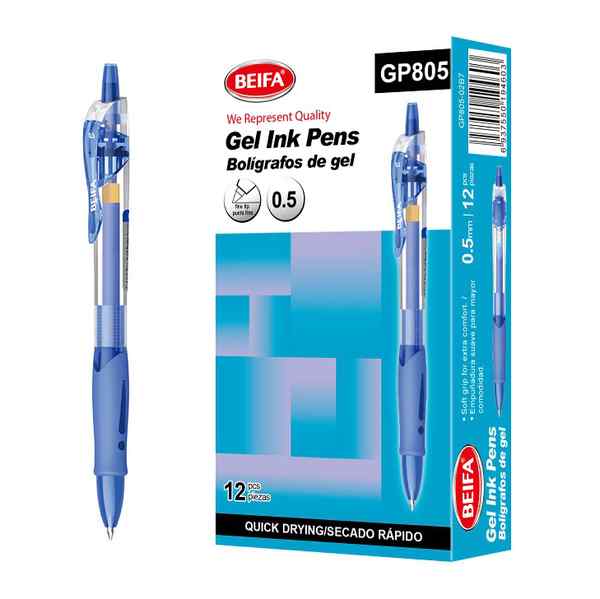 Lapicera de gel x12, AZUL, punta 0.5, retráctil, en caja BEIFA