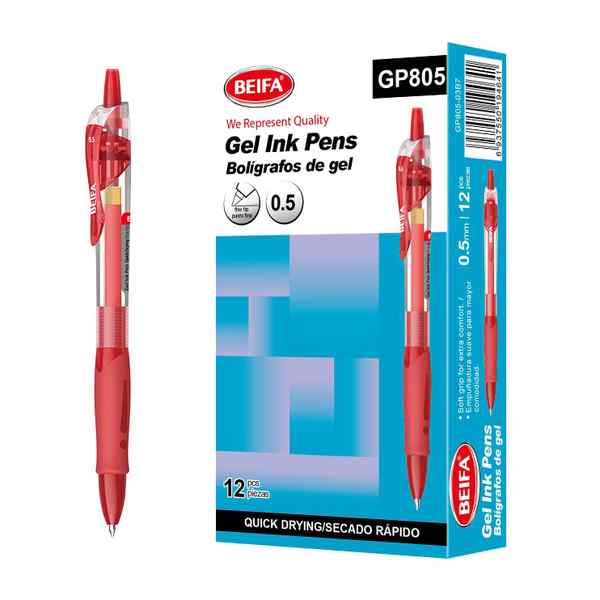 Lapicera de gel x12, ROJO, punta 0.5, retráctil, en caja BEIFA