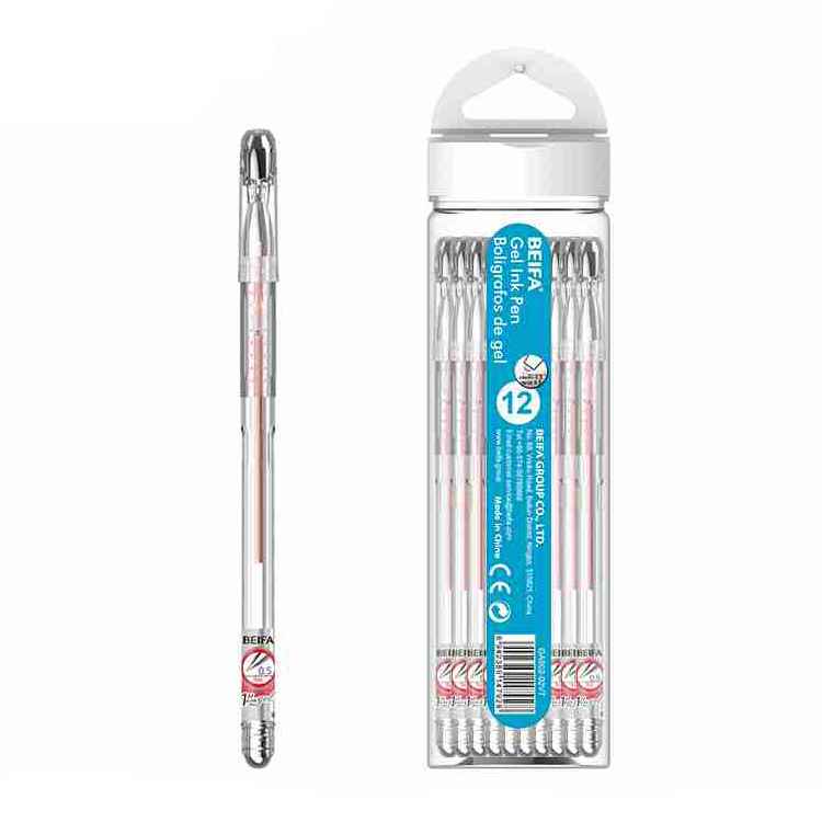 Lapicera de gel x12, ROJO, punta 0.5, en tubo de plástico, BEIFA