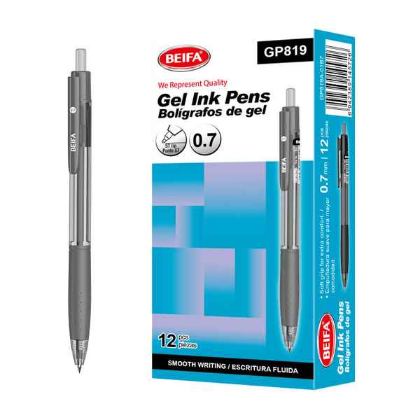 Lapicera de gel x12, NEGRO, punta 0.7, retráctil, en caja BEIFA