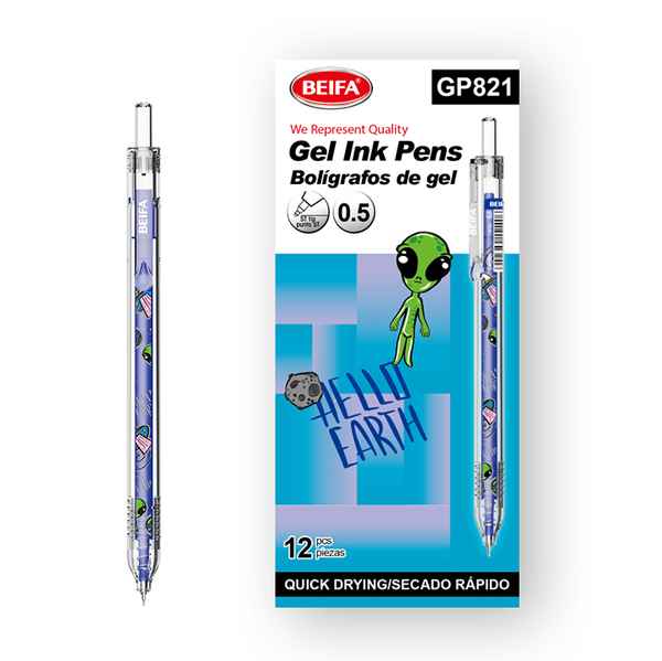 Lapicera de gel x12, AZUL, punta 0.5, retráctil con diseño infantil, en caja BEIFA