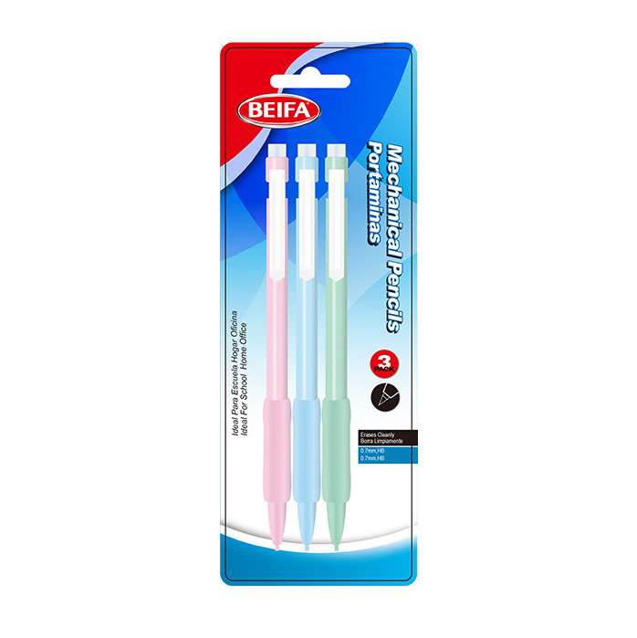 Lápiz mecánico de plástico x3, con goma punta 0.7mm, HB, en blister BEIFA