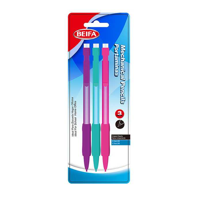 Lápiz mecánico de plástico x3, con goma punta 0.7mm, HB, en blister BEIFA