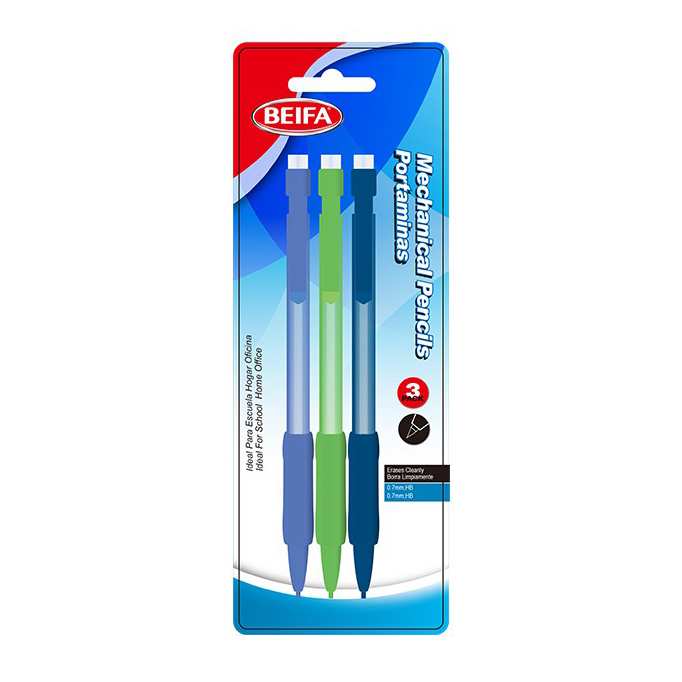 [E3487] Lápiz mecánico de plástico x3, con goma punta 0.7mm, HB, en blister BEIFA