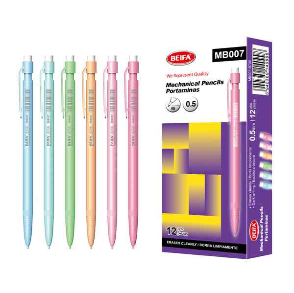 Lápiz mecánico de plástico x12, con goma, punta 0.5mm, en caja BEIFA