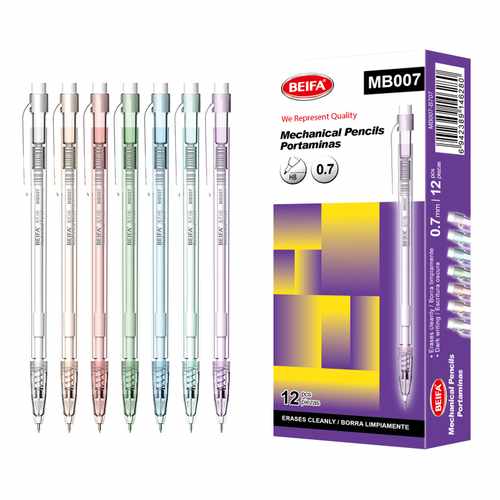 Lápiz mecánico de plástico x12, con goma, punta 0.7mm, en caja BEIFA